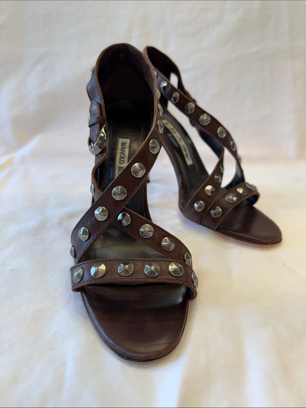 Manolo Blahnik Brown Leather Studded Strappy Stiletto Sandals